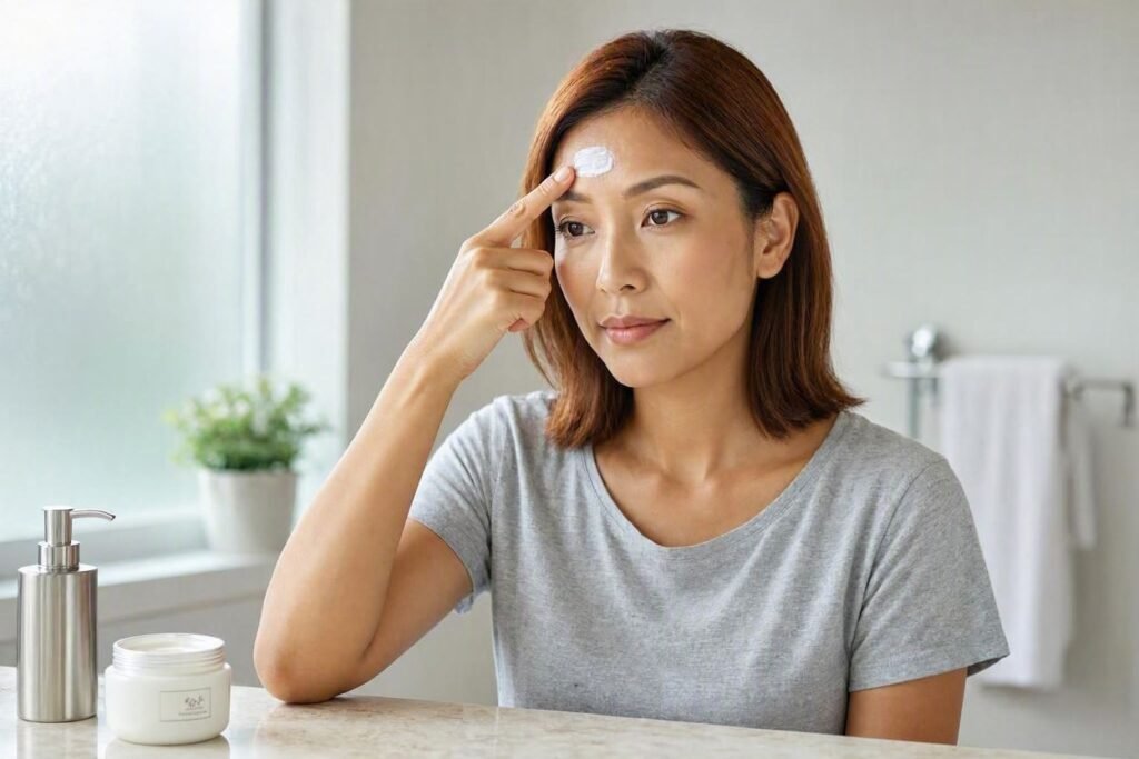 Person applying anti-aging cream to their forehead to help reduce wrinkles