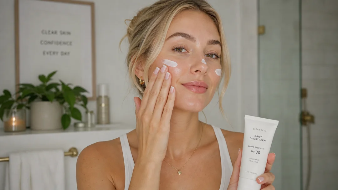 Person applying sunscreen to their face as part of a daily clear skin routine