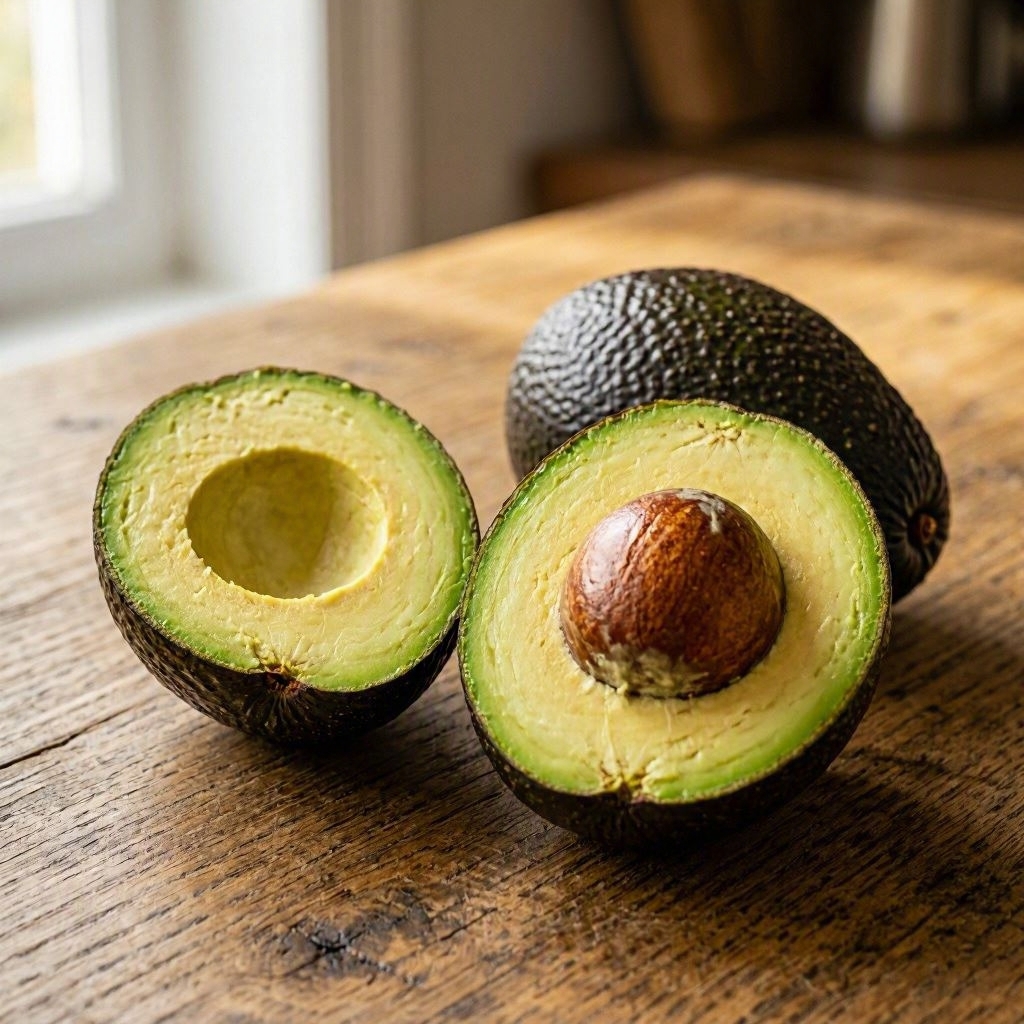 Whole and halved avocado showing avocado calories per 100g breakdown
