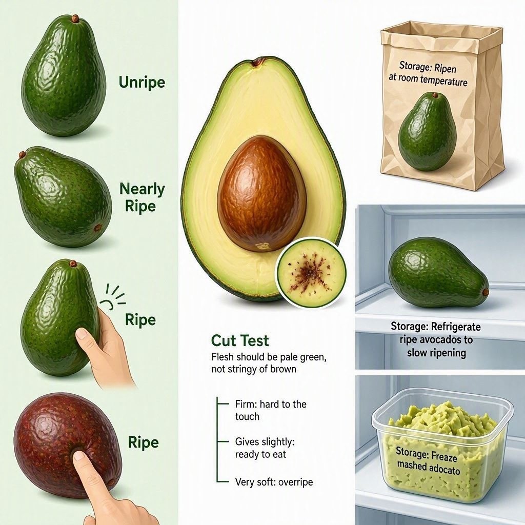 Ripe avocado being checked for freshness, showing proper storage technique