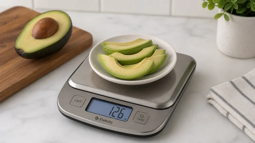 Avocado calories per 100g measured on a kitchen scale for accurate portion tracking