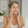 Woman gently cleansing her face as part of a skincare routine for aging skin