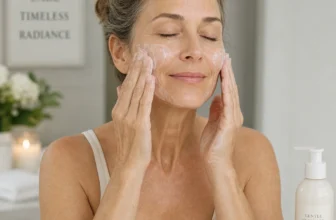 Woman gently cleansing her face as part of a skincare routine for aging skin
