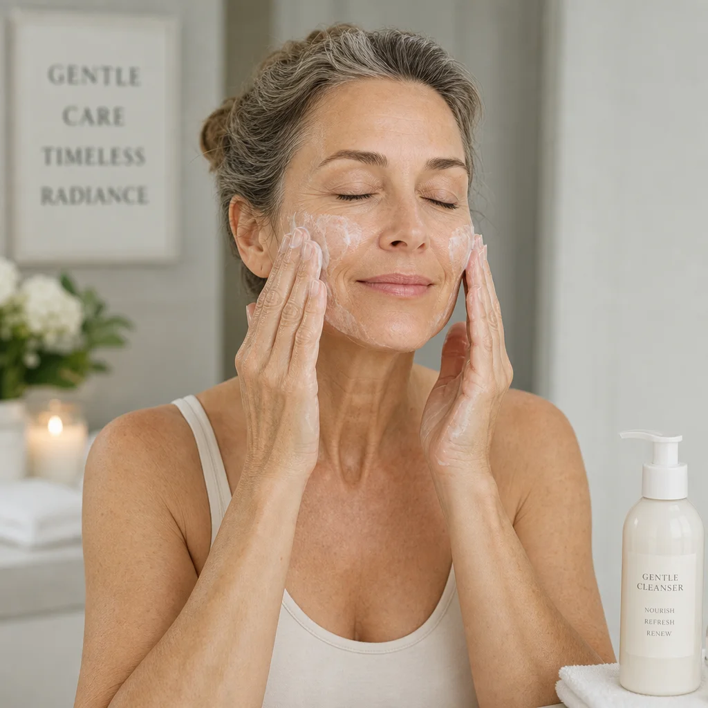Woman gently cleansing her face as part of a skincare routine for aging skin