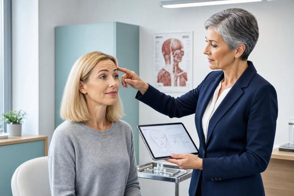 Woman consulting a dermatologist about professional treatment options for forehead wrinkles