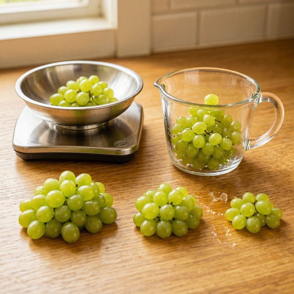 Measured cup of green grapes used to calculate calorie content by serving size