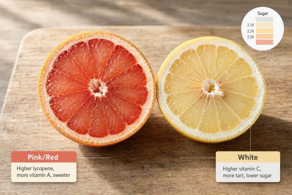 pink red and white grapefruit halves compared
