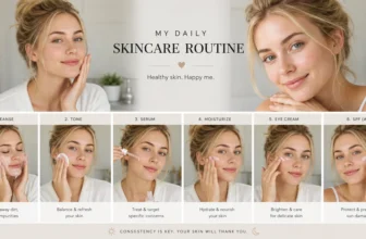 Woman with clear, healthy skin following a daily skincare routine