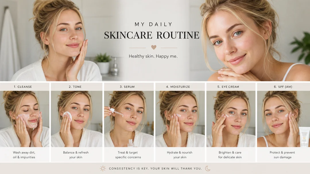 Woman with clear, healthy skin following a daily skincare routine