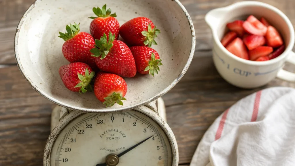 Measured cup of sliced strawberries used to calculate calorie content by serving size