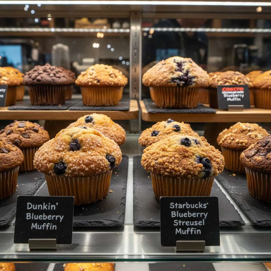 Bakery blueberry muffins in a coffee-shop display