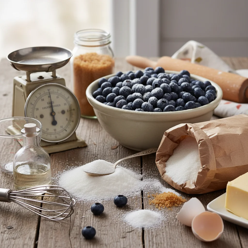Blueberries, flour, sugar and other ingredients used in a blueberry muffin