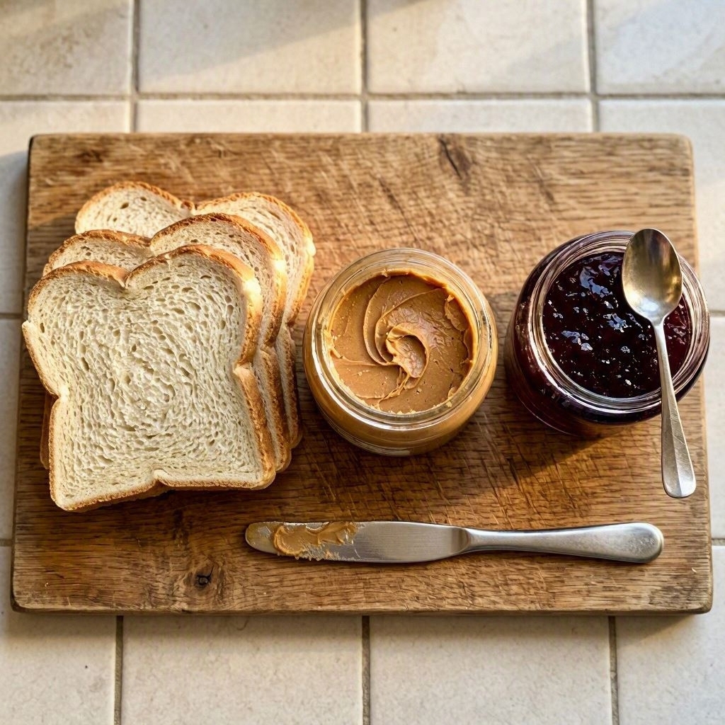 bread peanut butter and jelly ingredients flat lay