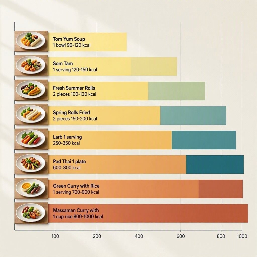 Is Thai food fattening - calorie comparison chart showing Thai dishes from 90 to 1000 calories