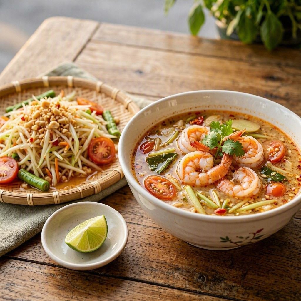 Tom yum soup and som tam papaya salad - low calorie Thai food options under 150 calories