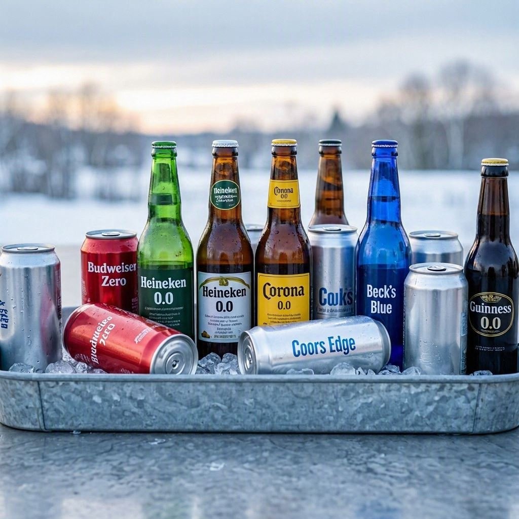 Assorted non-alcoholic beer cans on ice