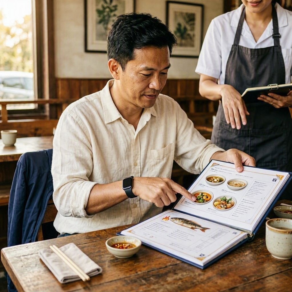 Person ordering Thai food at restaurant menu - choosing grilled protein and broth-based soup