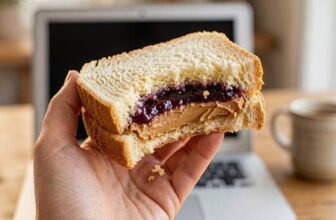 hands holding peanut butter and jelly sandwich
