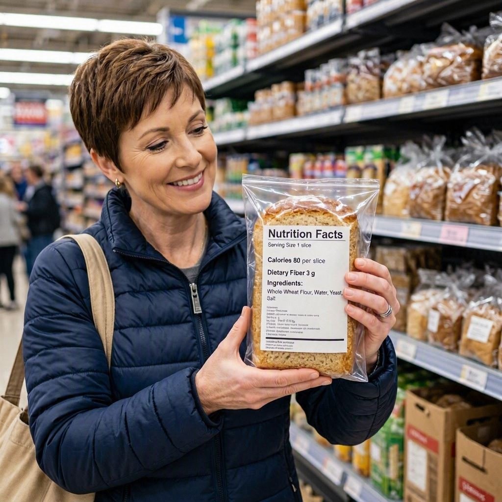 Grocery shopper reading nutrition label on whole wheat bread package for calorie information
