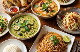Thai food dishes on wooden table including curry, pad thai, and spring rolls