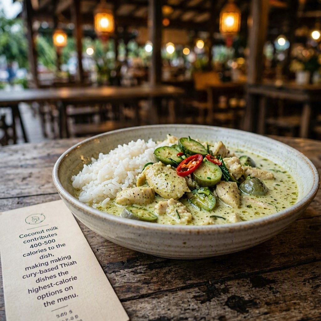 Thai green curry with coconut milk - high calorie dish with 700-900 calories per serving