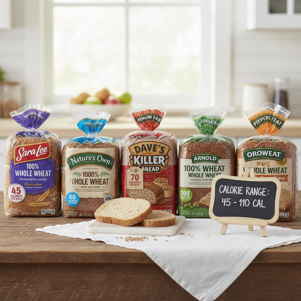 How many calories in a slice of whole wheat bread - brand comparison showing 45 to 110 calories range