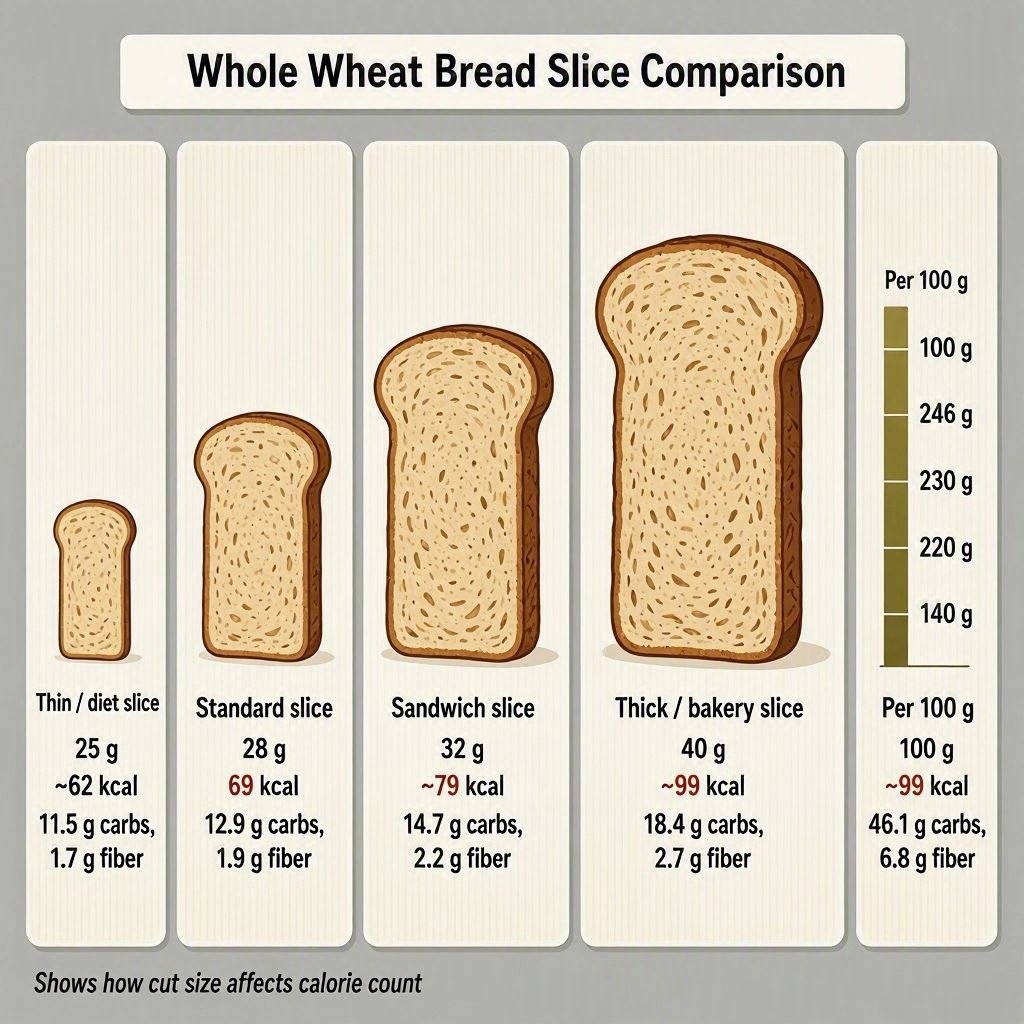 Thin, standard, sandwich and thick whole wheat bread slices showing weight and calorie differences