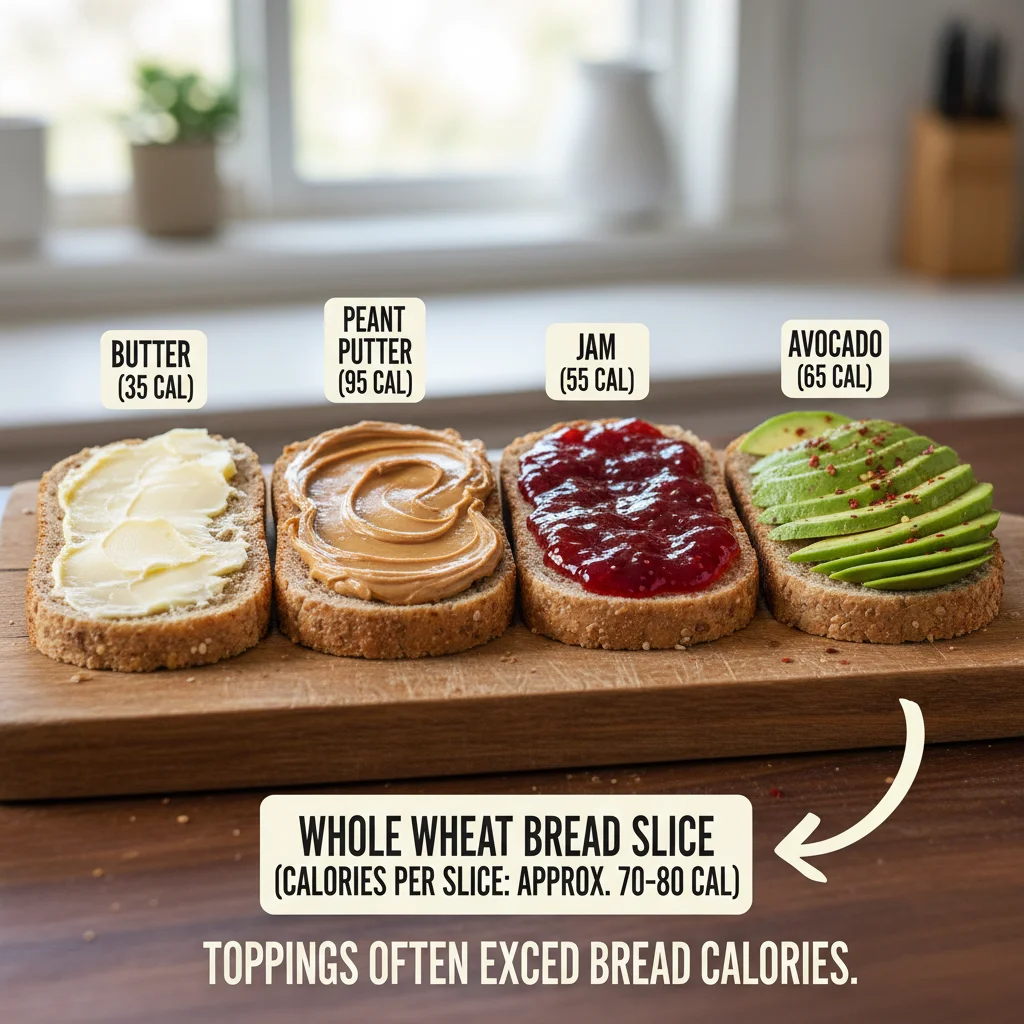 Whole wheat bread slices with butter, peanut butter, jam and avocado showing added calories